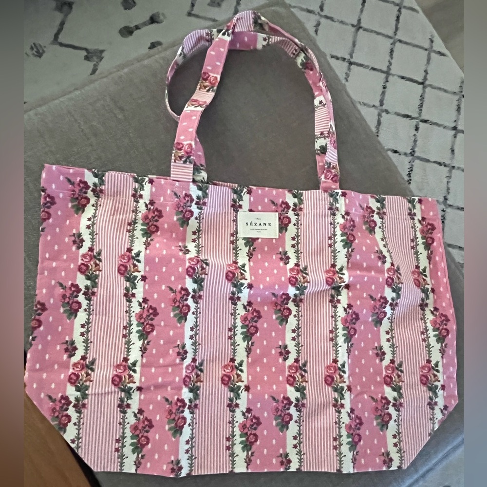 Sezane Pink and White Floral Tote Bag